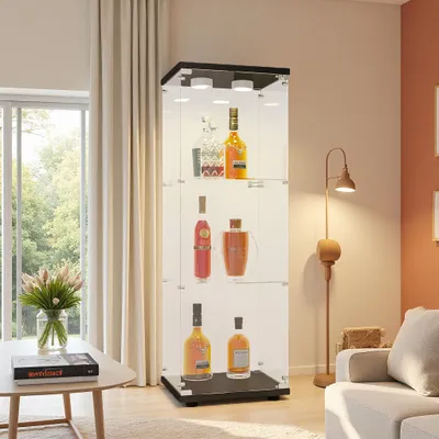 Obrázok produktu pre INONEFT Sklenené vitríny s LED osvetlením, jednodverová vitrína s 3 policami, tvrdené sklo, vhodná do obývačky, spálne alebo kancelárie, rozmer 42×36×125 cm, čierna