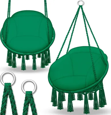 Two green hanging chairs are displayed against a white background, with close-ups of the hanging mechanisms.