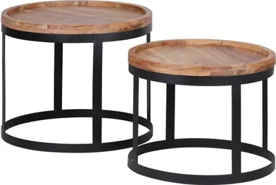 Produktbild von 2er Set Beistelltische AKOLA Massivholz Akazie Wohnzimmertisch Landhausstil Anstelltisch Metallgestell Naturholz