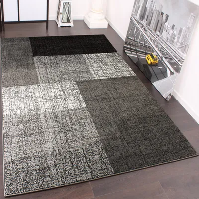 Produktbild von Designer Teppich Kurzflor Karo Muster Schwarz Grau Meliert Grösse 200x290 cm