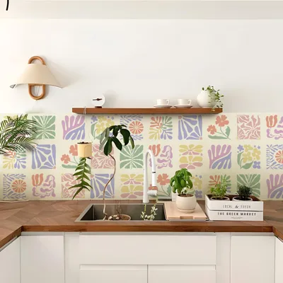 Image de Autocollants en vinyle pour carrelage - Imperméables, adaptés aux salles de bain et aux cuisines - Décoration murale et de sol - 20 x 20 cm - 10 pièces - Motifs floraux roses, lilas et jaunes