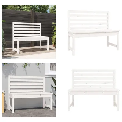 A collage of four images showing a white wooden garden bench from different angles and settings.