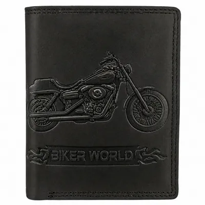 Produktbild von Büffelleder Portemonnaie Geldbörse mit RFID-Schutz und geprägtem Motorrad-Motiv in  Echtleder Schwarz, KI-generiertes Bild