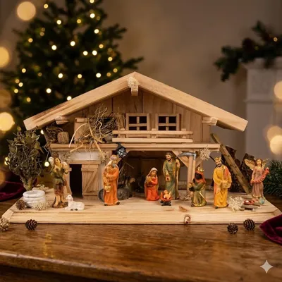 Produktbild von Traditionelle Weihnachtskrippe Roth inkl. 12-tlg. Figurensatz K 650-9, Maße Krippe: ca. 50 x 20 x 26 cm