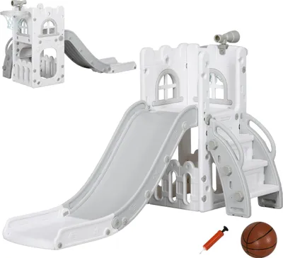 Obrázok produktu pre Detská šmykľavka 5 v 1 s basketbalovým košom, sivá, 70 x 177 x 92 cm