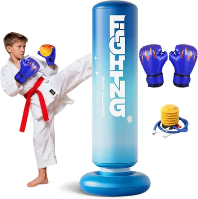 Produktbild von Boxsack Kinder 3+Jahre für Jungen & Mädchen, Aufblasbarer Standboxsack mit Boxhandschuh, Dickes Stabile 120CM Großer Punching Bag zum Üben