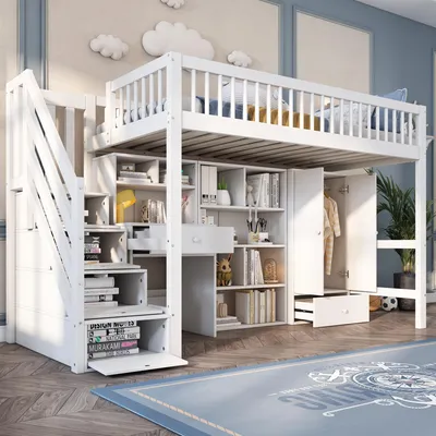 A white loft bed with integrated desk, shelves, and wardrobe, set in a child's bedroom with decorative clouds on the wall.
