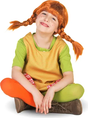 A child dressed as Pippi Longstocking sits cross-legged against a white background.