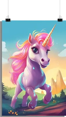Produktbild von Einhorn Poster - Anime Zeichnung - Niedliches Poster - Kunstwerk für Kinder Poster - 61x91cm - Perfekt zum Einrahmen