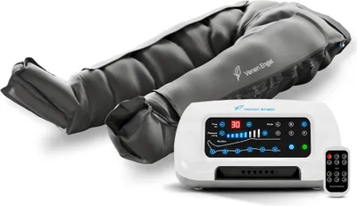 A compression therapy device for legs, including the inflatable pants and the control unit, displayed on a white background.