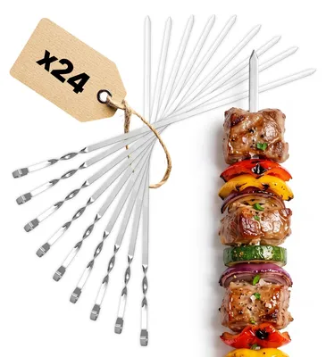 Produktbild von BBQ Set 24-teilig – Edelstahl Grillspieße 600 mm Schaschlikspieße rostfrei Wiederverwendbare Fleischspieße für Grill & BBQ