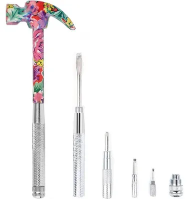 Productafbeelding van Multitool set, 6-in-1: klauwhamer met schroevendraaiers en nagelknipper, antislip handvat, roze