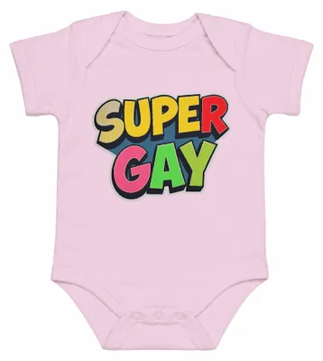 Obrázek produktu pro SUPER GAY Duhový Pride LGBT queer, barevné tričko s potiskem, velikost pro kojence, růžová barva, 12/18 měsíců