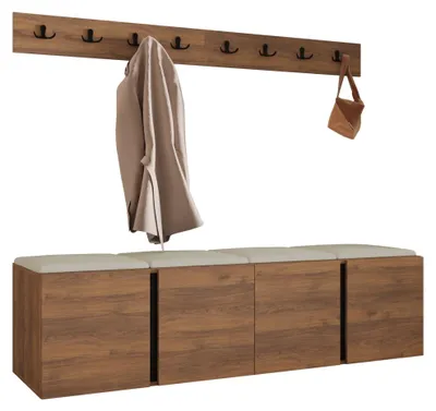 Produktbild von MIRJAN24 Garderoben-Set Orion VII, Garderobe mit Sitzbank mit 4 x Wandpanel 42x42 (Farbe: Nuss Warmia, Polo 872)
