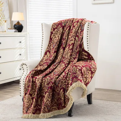 Jacquard Sofa-Decke 132x182 cm Rot & Gelb mit Quasten