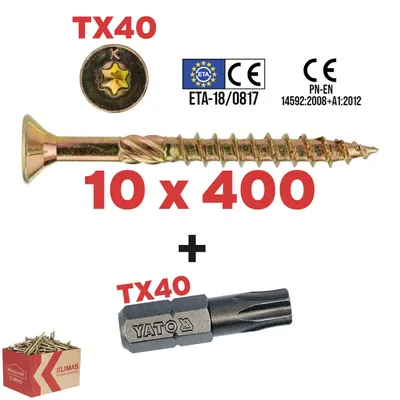 Zdjęcie produktu dla Wkręty do drewna 10x400 mm TX40 z łbem stożkowym i gwintem częściowym, z końcówką, 25 sztuk ETA-18/0817 KMWHT