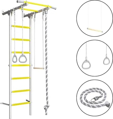 Produktbild von Sprossenwand für Kinder Indoor Klettergerüst aus Metall mit Gymnastikräder und Gymnastikschaukel   – Comet Next 6, Provence