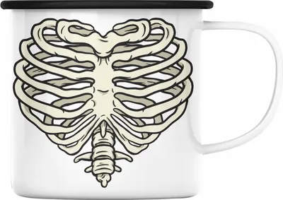 Produktbild von Trendation - Skelet Emaille Tasse Herz Geschenk Totenkopf Valentinstag Emaille Emaille Tasse mit Herz aus Skelett (Schwarz)