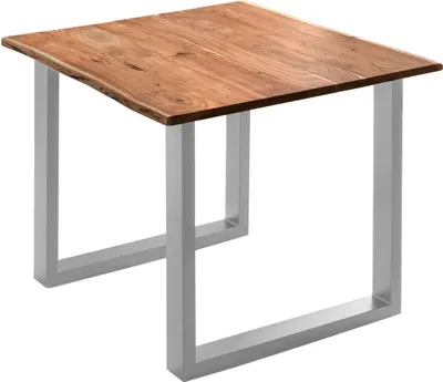 Produktbild von Esszimmertisch 90x90 cm Quinn, echte Baumkante, nussbaumfarben, massiver Esstisch aus Akazienholz, Metallbeine Silber, Baumkantentisch
