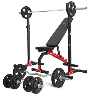 Produktbild von Marbo Sport Set MH7_110KG_KIER_G | verstellbare Hantelbank + höhenverstellbarer Hantelständer + Stangen- und Hantelscheiben gummiert Set 83 kg