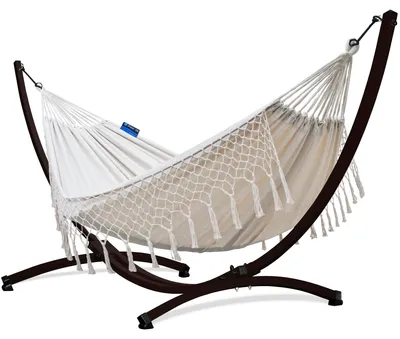 Produktbild von Potenza Outdoor Hängematte mit Gestell für 2 Personen I Baumwolle Doppelhängematte XXL 220x160, 200kg I Braun Hängemattengestell 220kg, wetterfest