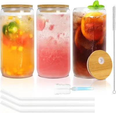 Immagine prodotto di Set di 3 bicchieri da 500 ml per caffè freddo con cannucce in vetro e coperchi in bambù