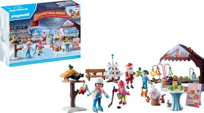 A Playmobil advent calendar box and a collection of Playmobil figures and accessories arranged on a white background.