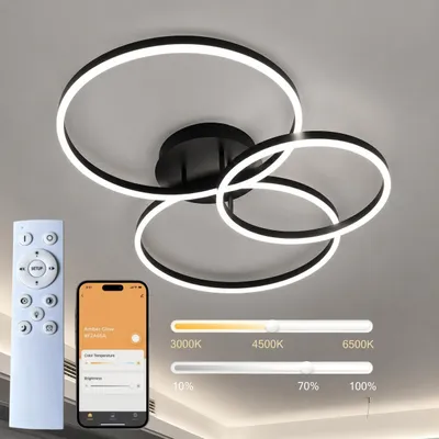 Produktbild von 76W LED Deckenleuchte Schwarz 84cm, 3 Ring Deckenlampe Wohnzimmer, APP & Fernbedienung, Stufenlos Dimmbar, 3000-6500K, 6840lm, Nachtlicht, Timer