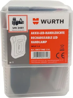 The image shows the packaging of a Würth rechargeable LED handlamp.
