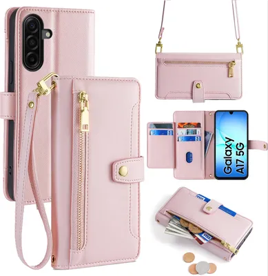 Produktbild von Handykette für Samsung Galaxy A17 Hülle mit Band Handyhülle Kartenfächer Kunstleder Umhängetasche in Rosa