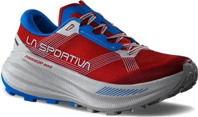 Roter La Sportiva Prodigio Max Woman Schuh mit blauen und grauen Details und weißer Sohle