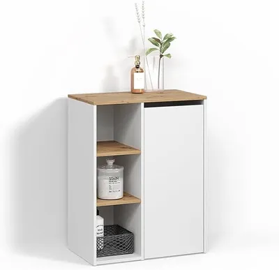 Produktbild von Badschrank Paolina, Weiß/Artisan, 68 x 88.2 cm | mit offenen Regalen und Wäschekorb