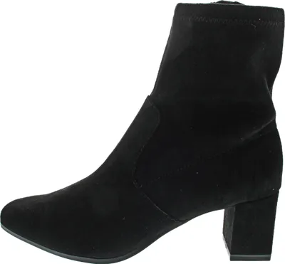 A black ankle boot with a block heel is shown from the side against a white background.
