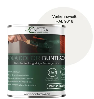 Produktbild von Contura 750ml. Buntlack Lackfarbe Lack Außen Innen Holz Metall Farbe Holzlack Möbellack - Seidenmatt - RAL 9016 Verkehrsweiß