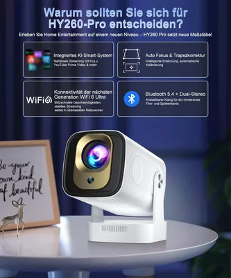 Zdjęcie produktu dla Projektor Beamer - Przenośny, 1080p Full HD - Wi-Fi 6 - Bluetooth 5.4 - Android 14.0 - Idealny do domowego kina