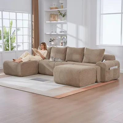 Zdjęcie produktu dla Modułowa sofa z tkaniny corduroy – 4-osobowa z 2 pufami, kolor khaki – dowolne kombinacje – w zestawie uchwyt na napoje i torba do przechowywania
