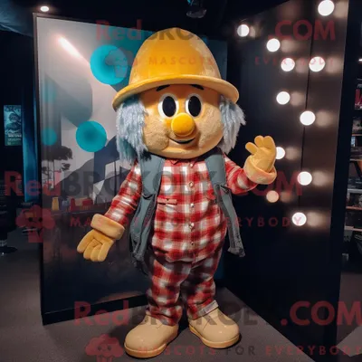 Produktbild von Maskottchen REDBROKOLY eines Goldjongliers mit Flanellhemd und Hutnadeln