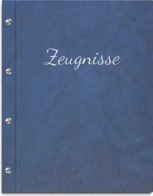Produktbild von Zeugnismappe im blauen Einband in Marmoroptik, mit hochwertiger Beschriftung in silber – handgefertigte Mappe inkl. 12 Sichthüllen