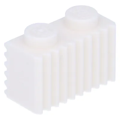 A single white LEGO brick with ridges on one side and two studs on top.