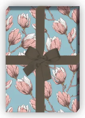 Produktbild von Edles Magnolien Geschenkpapier mit wunderschönen Blüten, hellblau - G10209, 32 x 48cm