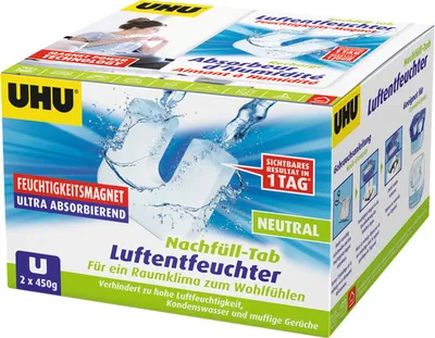 A product box for UHU Luftentfeuchter (dehumidifier) refill tabs.