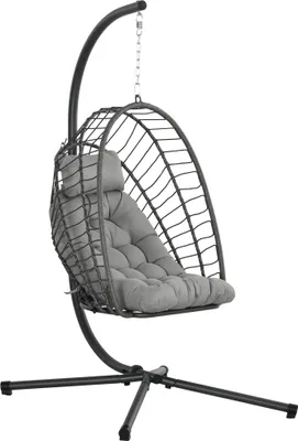 Zdjęcie produktu dla Outsunny rattanowe wiszące krzesło wiszące krzesło wysokość 194 cm huśtawka kosz wewnątrz na zewnątrz w tym rama, składany wiszący kosz, poduszki, na taras, ogród do 100 kg, jasnoszary