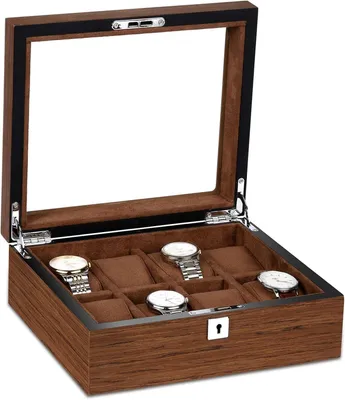 Immagine prodotto di Scatola in legno per 8 orologi, con coperchio in vetro, supporti estraibili e serratura a chiave, color marrone