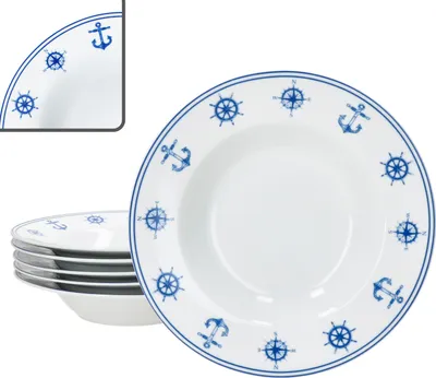 Produktbild von Ahoi 6er Set maritime Suppenteller tiefe Teller Porzellan 6 Pers Anker