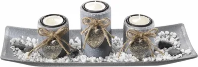 Produktbild von Dekoschale rechteckig mit 3 Kerzenhalter aus Polyresin grau und Steindekoration