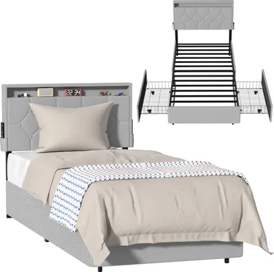 Image de UISEBRT 90 x 200 cm Lit rembourré gris clair avec tiroirs, tissu en lin, tête de lit rembourrée et espace de rangement, cadre de lit robuste pour la chambre à coucher