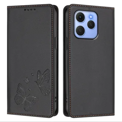 Image de Étui en cuir pour Tecno Spark 50, étui de protection type portefeuille en cuir gaufré « papillon » avec support, noir