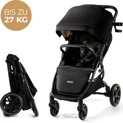 A black Kinderkraft MITZY buggy is shown in two states: folded and unfolded. The unfolded buggy is in the foreground, while the folded buggy is in the background to the left. A circular graphic with text is in the top-left corner.
