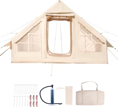 A beige inflatable camping tent and its accessories are displayed against a white background.