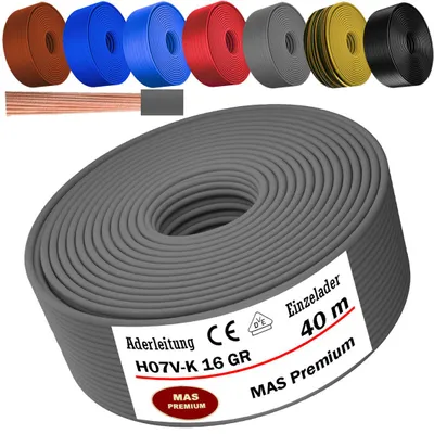 Image de Câble d'alimentation de 40 mètres, type H07 V-K, couleur grise, 1 x 16 mm², monoconducteur, flexible